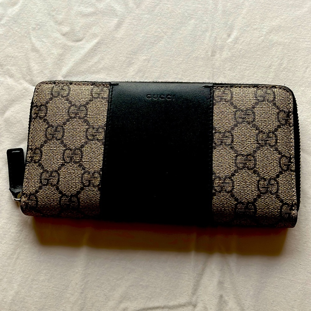 Gucci Women’s Supreme Logo Coated Canvas with Black Leather Zippy Wallet